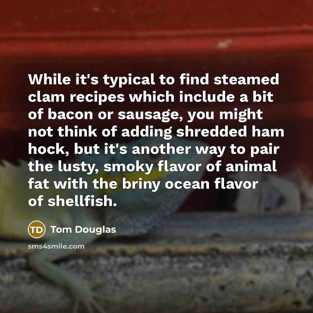 “While it's typical to find steamed clam recipes which include a bit of bacon or sausage, you might not think of adding shredded ham hock, but it's another way to pair the lusty, smoky flavor of animal fat with the briny ocean flavor of shellfish.” quote by Tom Douglas
