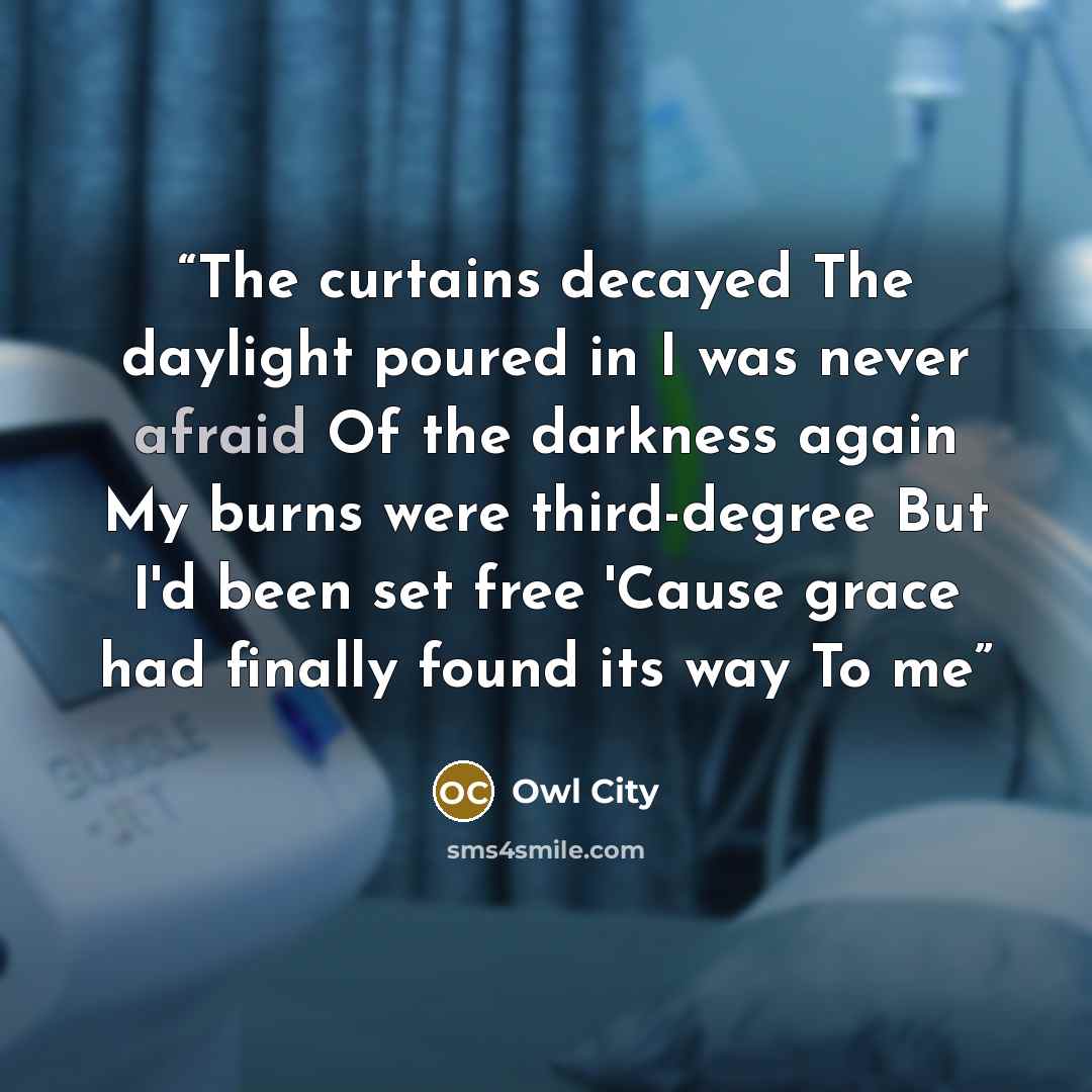 “The curtains decayed The daylight poured in I was never afraid Of the darkness again My burns were third-degree But I'd been set free 'Cause grace had finally found its way To me” quote by Owl City