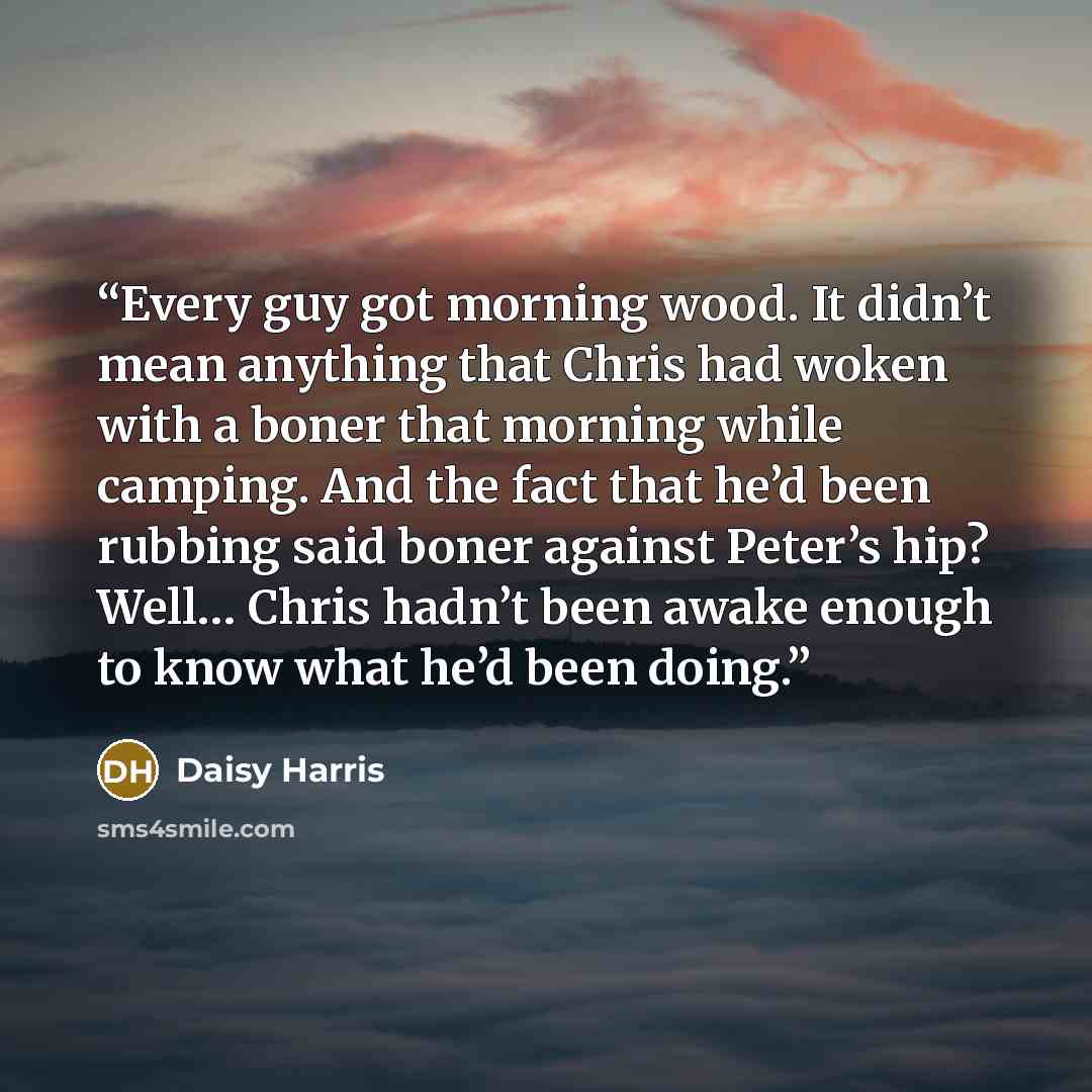 “Every guy got morning wood. It didn’t mean anything that Chris had woken with a boner that morning while camping. And the fact that he’d been rubbing said boner against Peter’s hip? Well… Chris hadn’t been awake enough to know what he’d been doing.” quote by Daisy Harris