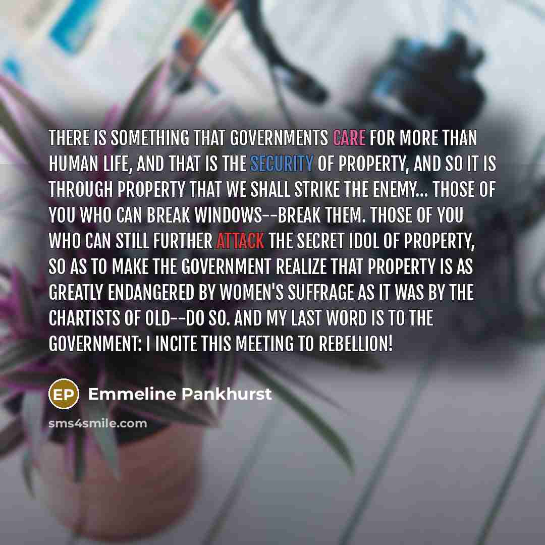 “There is something that governments care for more than human life, and that is the security of property, and so it is through property that we shall strike the enemy… Those of you who can break windows--break them. Those of you who can still further attack the secret idol of property, so as to…” quote by Emmeline Pankhurst