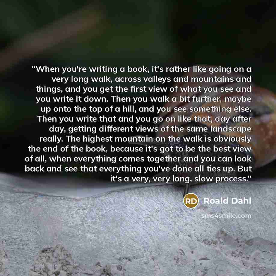 “When you're writing a book, it's rather like going on a very long walk, across valleys and mountains and things, and you get the first view of what you see and you write it down. Then you walk a bit further, maybe up onto the top of a hill, and you see something else. Then you write that and you…” quote by Roald Dahl