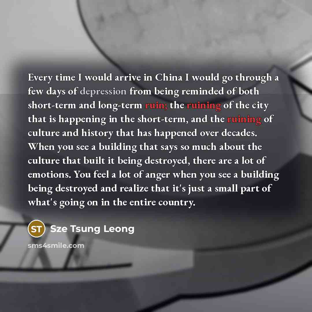 “Every time I would arrive in China I would go through a few days of depression from being reminded of both short-term and long-term ruin; the ruining of the city that is happening in the short-term, and the ruining of culture and history that has happened over decades. When you see a building that…” quote by Sze Tsung Leong