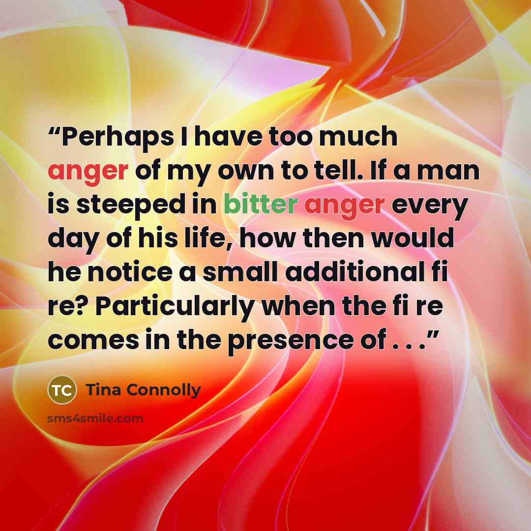 “Perhaps I have too much anger of my own to tell. If a man is steeped in bitter anger every day of his life, how then would he notice a small additional fi re? Particularly when the fi re comes in the presence of . . .” quote by Tina Connolly