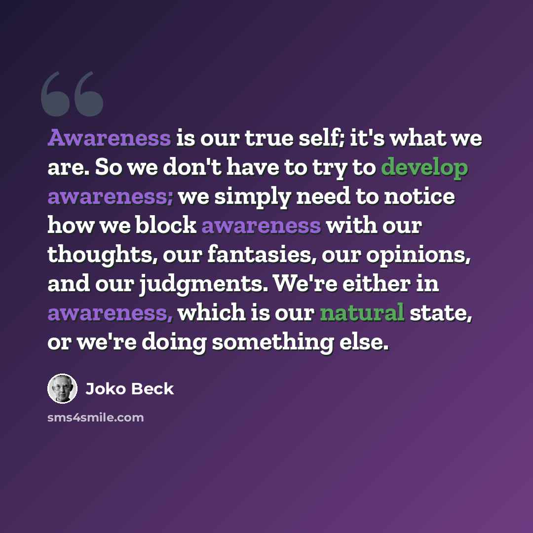 “Awareness is our true self; it's what we are. So we don't have to try to develop awareness; we simply need to notice how we block awareness with our thoughts, our fantasies, our opinions, and our judgments. We're either in awareness, which is our natural state, or we're doing something else.” quote by Joko Beck