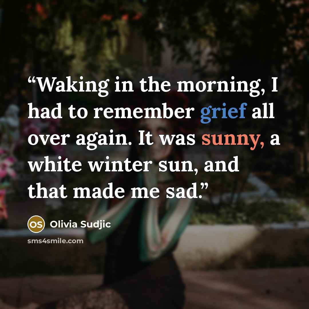 “Waking in the morning, I had to remember grief all over again. It was sunny, a white winter sun, and that made me sad.” quote by Olivia Sudjic