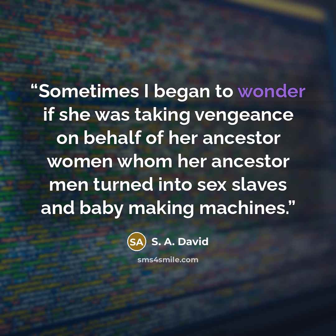 “Sometimes I began to wonder if she was taking vengeance on behalf of her ancestor women whom her ancestor men turned into sex slaves and baby making machines.” quote by S. A. David