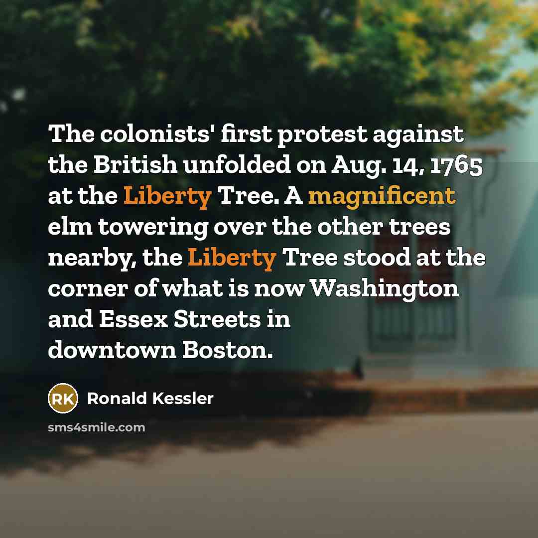 “The colonists' first protest against the British unfolded on Aug. 14, 1765 at the Liberty Tree. A magnificent elm towering over the other trees nearby, the Liberty Tree stood at the corner of what is now Washington and Essex Streets in downtown Boston.” quote by Ronald Kessler