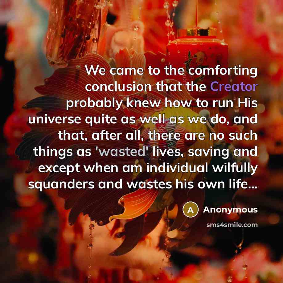 “We came to the comforting conclusion that the Creator probably knew how to run His universe quite as well as we do, and that, after all, there are no such things as 'wasted' lives, saving and except when am individual wilfully squanders and wastes his own life...” quote by Anonymous