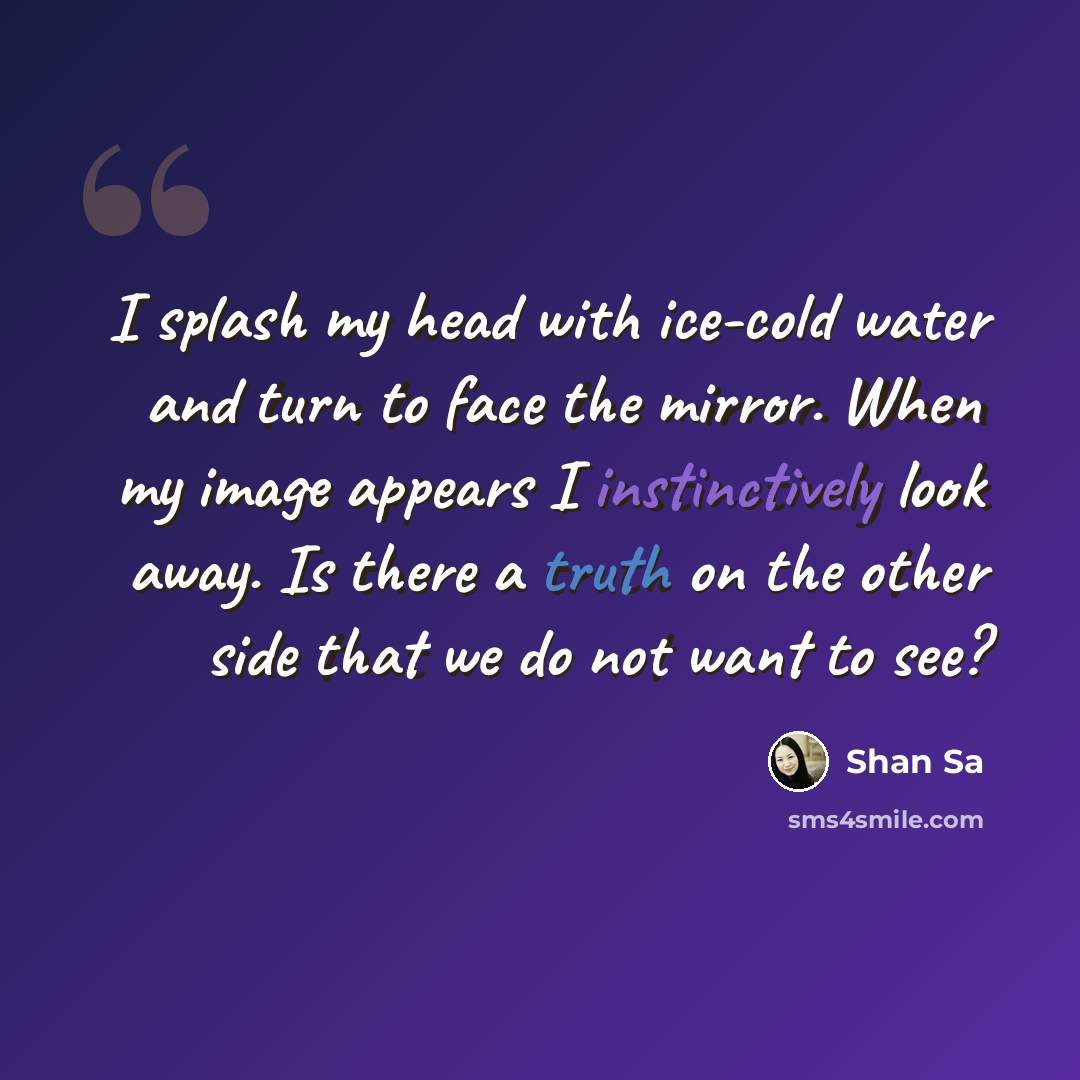 “I splash my head with ice-cold water and turn to face the mirror. When my image appears I instinctively look away. Is there a truth on the other side that we do not want to see?” quote by Shan Sa