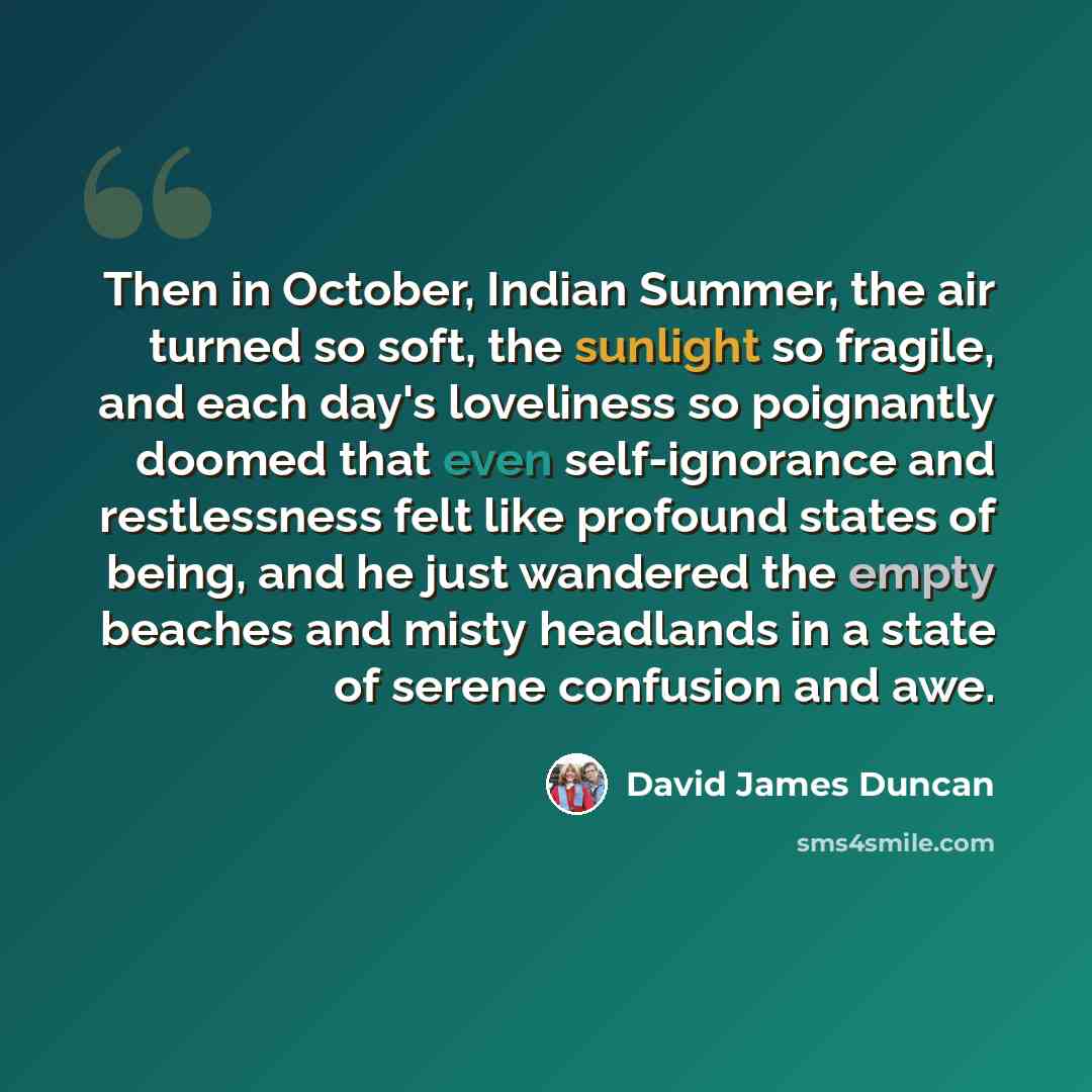 “Then in October, Indian Summer, the air turned so soft, the sunlight so fragile, and each day's loveliness so poignantly doomed that even self-ignorance and restlessness felt like profound states of being, and he just wandered the empty beaches and misty headlands in a state of serene confusion…” quote by David James Duncan