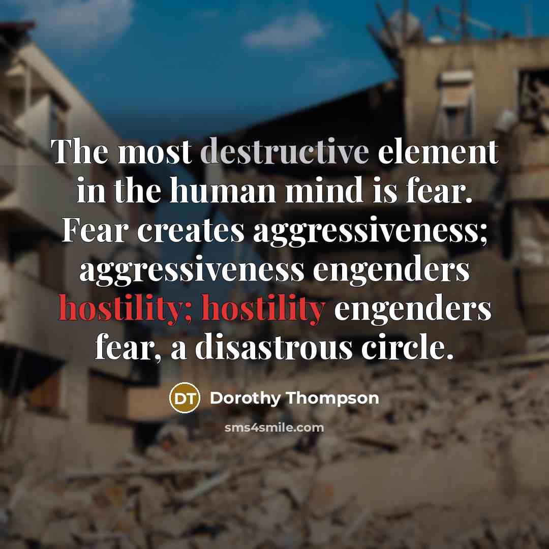 “The most destructive element in the human mind is fear. Fear creates aggressiveness; aggressiveness engenders hostility; hostility engenders fear, a disastrous circle.” quote by Dorothy Thompson