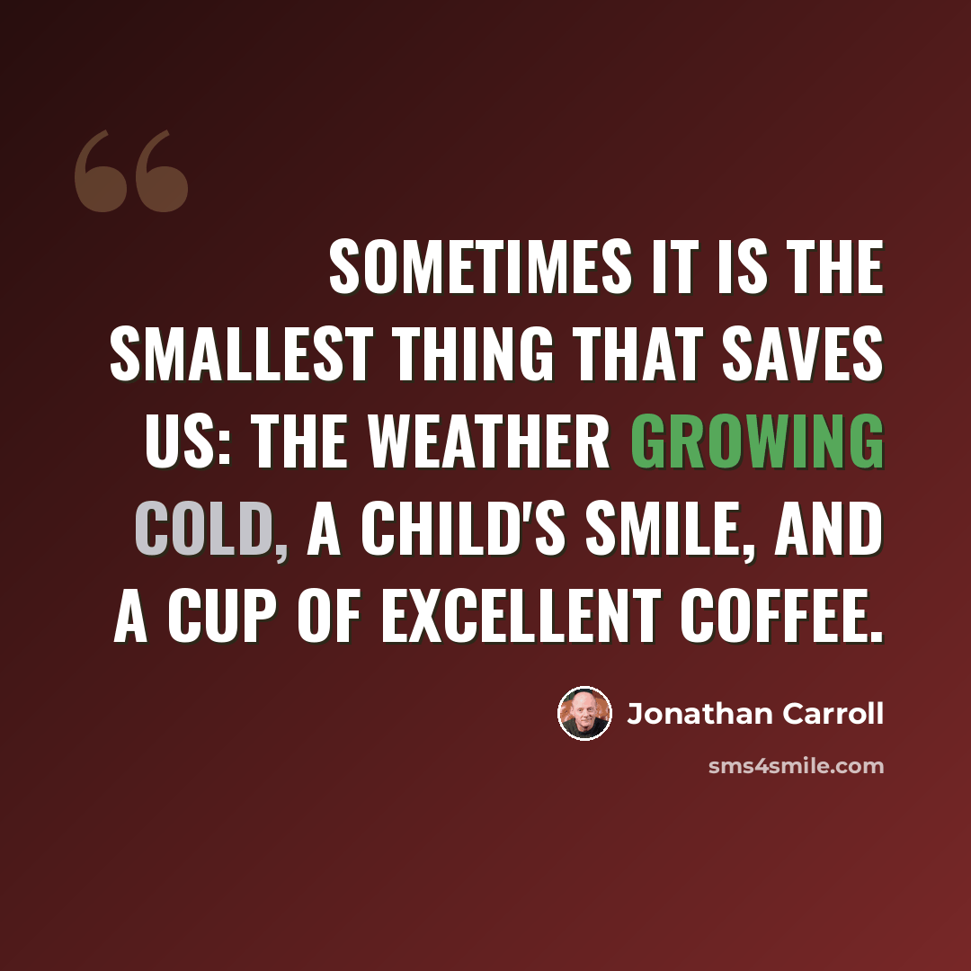 “Sometimes it is the smallest thing that saves us: the weather growing cold, a child's smile, and a cup of excellent coffee.” quote by Jonathan Carroll