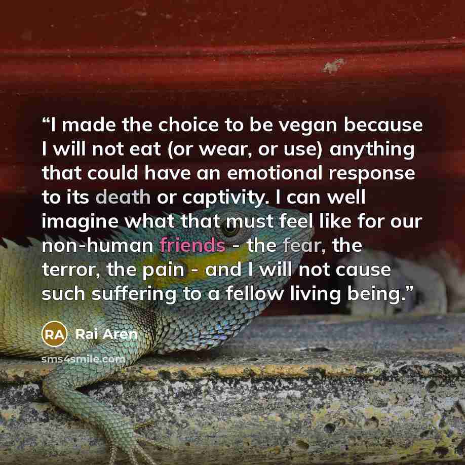 “I made the choice to be vegan because I will not eat (or wear, or use) anything that could have an emotional response to its death or captivity. I can well imagine what that must feel like for our non-human friends - the fear, the terror, the pain - and I will not cause such suffering to a fellow…” quote by Rai Aren