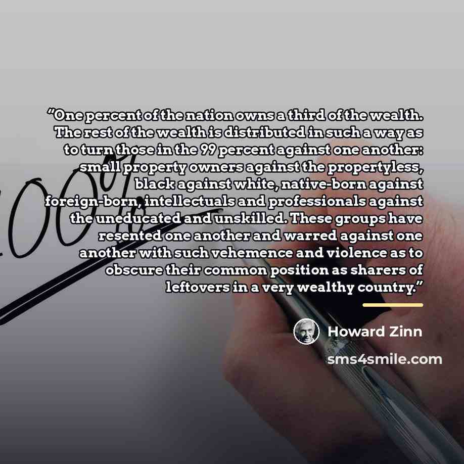 “One percent of the nation owns a third of the wealth. The rest of the wealth is distributed in such a way as to turn those in the 99 percent against one another: small property owners against the propertyless, black against white, native-born against foreign-born, intellectuals and professionals…” quote by Howard Zinn