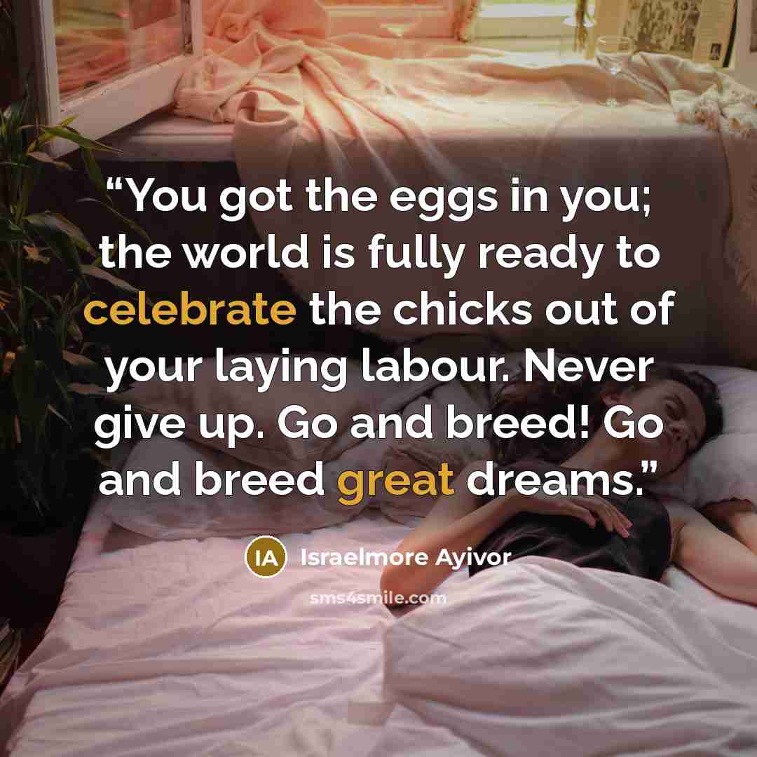 “You got the eggs in you; the world is fully ready to celebrate the chicks out of your laying labour. Never give up. Go and breed! Go and breed great dreams.” quote by Israelmore Ayivor