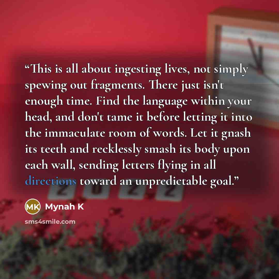 “This is all about ingesting lives, not simply spewing out fragments. There just isn't enough time. Find the language within your head, and don't tame it before letting it into the immaculate room of words. Let it gnash its teeth and recklessly smash its body upon each wall, sending letters flying…” quote by Mynah K