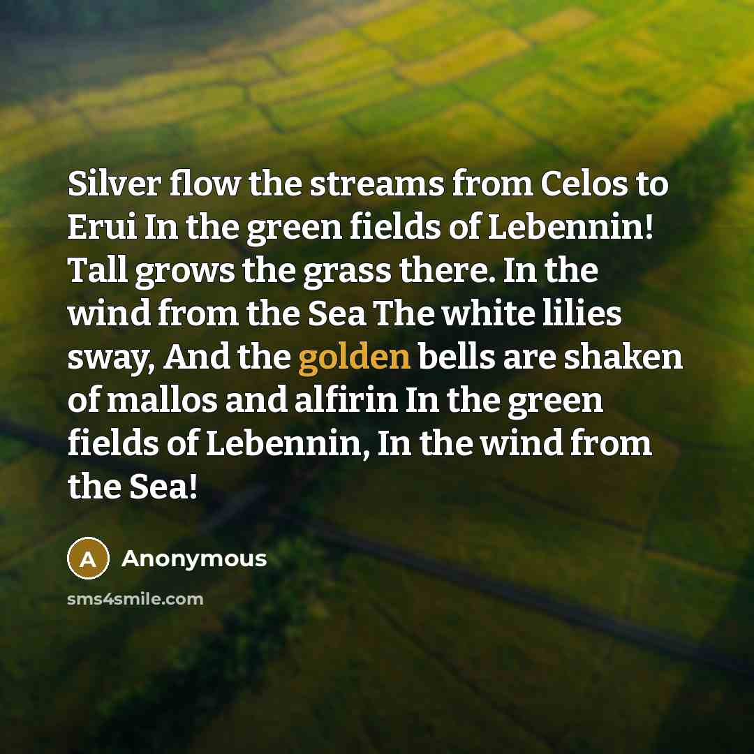 “Silver flow the streams from Celos to Erui In the green fields of Lebennin! Tall grows the grass there. In the wind from the Sea The white lilies sway, And the golden bells are shaken of mallos and alfirin In the green fields of Lebennin, In the wind from the Sea!” quote by Anonymous