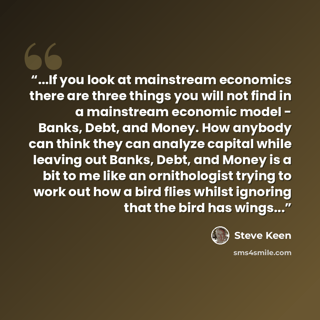 “...If you look at mainstream economics there are three things you will not find in a mainstream economic model - Banks, Debt, and Money. How anybody can think they can analyze capital while leaving out Banks, Debt, and Money is a bit to me like an ornithologist trying to work out how a bird flies…” quote by Steve Keen