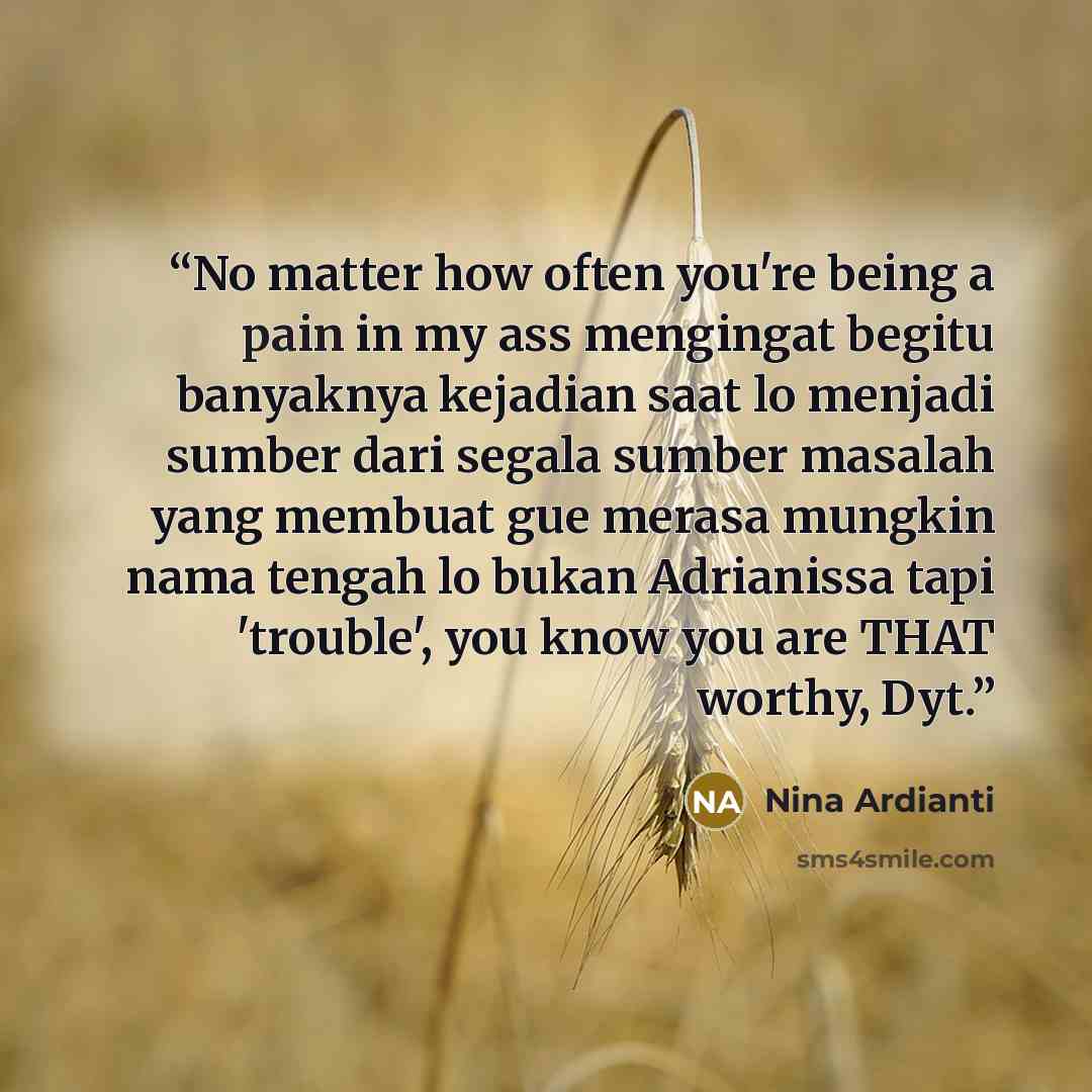 “No matter how often you're being a pain in my ass mengingat begitu banyaknya kejadian saat lo menjadi sumber dari segala sumber masalah yang membuat gue merasa mungkin nama tengah lo bukan Adrianissa tapi 'trouble', you know you are THAT worthy, Dyt.” quote by Nina Ardianti