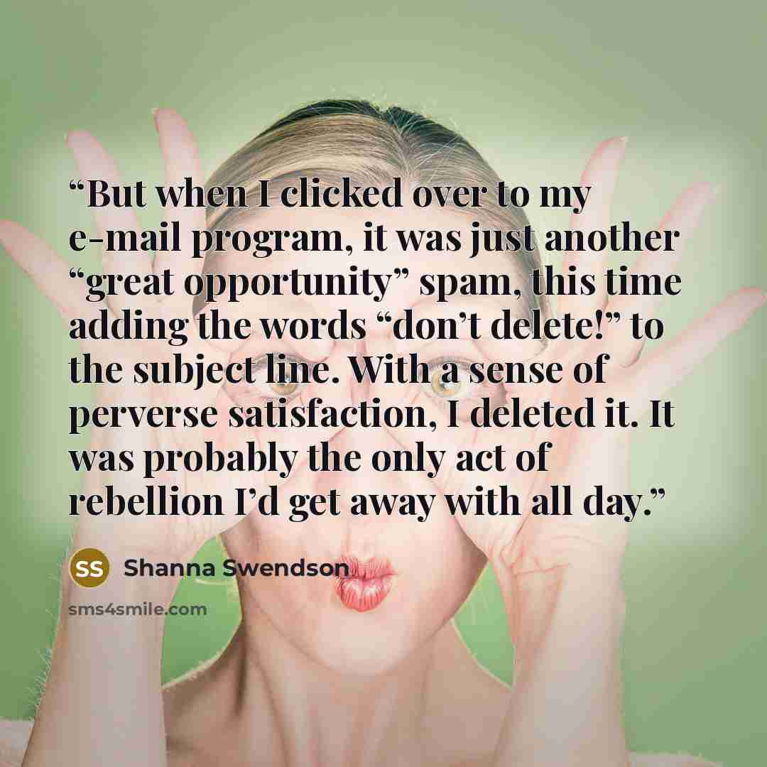 “But when I clicked over to my e-mail program, it was just another “great opportunity” spam, this time adding the words “don’t delete!” to the subject line. With a sense of perverse satisfaction, I deleted it. It was probably the only act of rebellion I’d get away with all day.” quote by Shanna Swendson