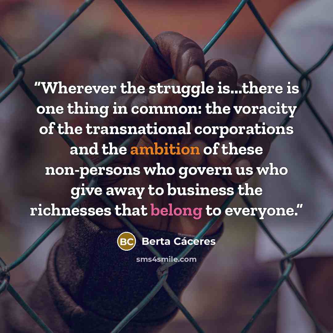 “Wherever the struggle is...there is one thing in common: the voracity of the transnational corporations and the ambition of these non-persons who govern us who give away to business the richnesses that belong to everyone.” quote by Berta Cáceres