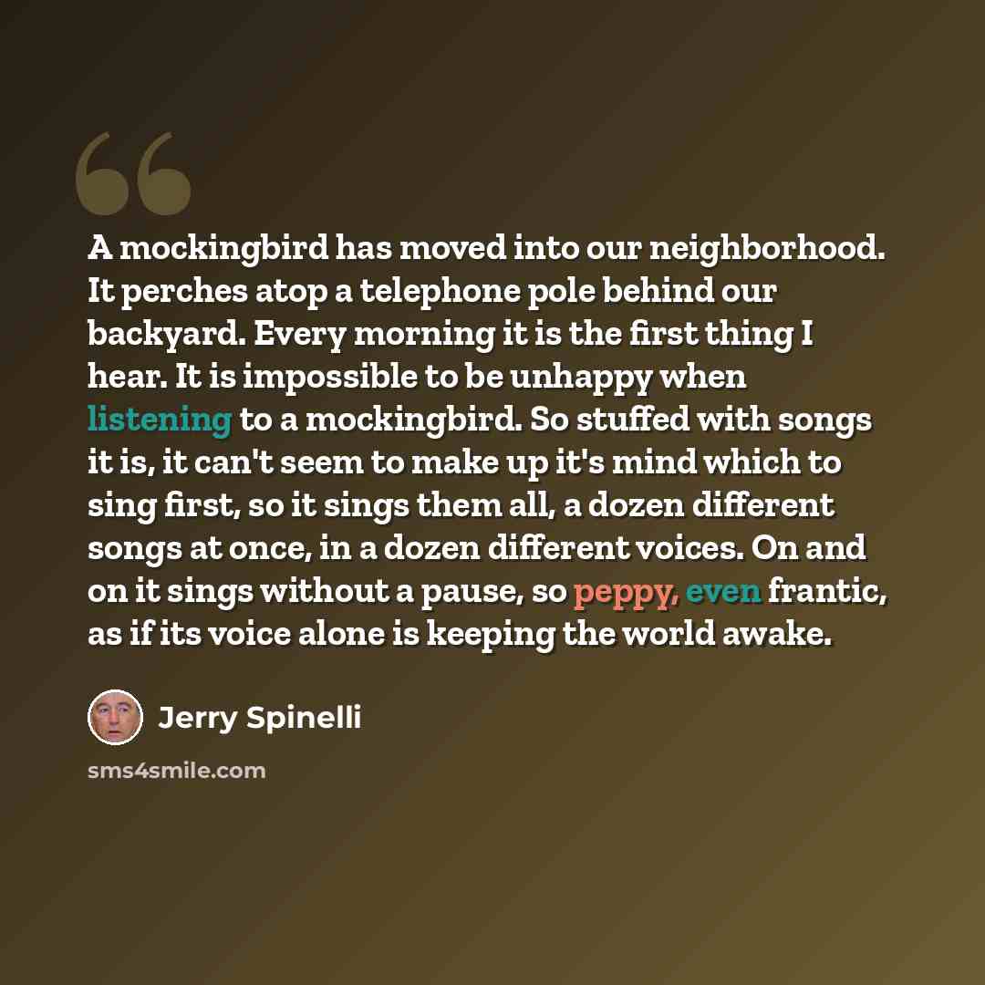 “A mockingbird has moved into our neighborhood. It perches atop a telephone pole behind our backyard. Every morning it is the first thing I hear. It is impossible to be unhappy when listening to a mockingbird. So stuffed with songs it is, it can't seem to make up it's mind which to sing first, so…” quote by Jerry Spinelli