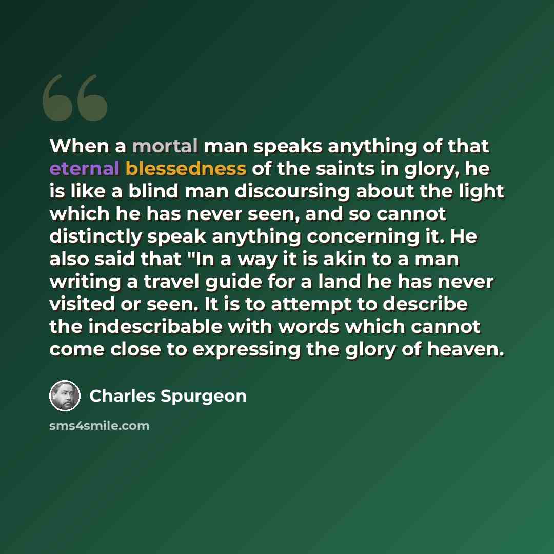 “When a mortal man speaks anything of that eternal blessedness of the saints in glory, he is like a blind man discoursing about the light which he has never seen, and so cannot distinctly speak anything concerning it. He also said that "In a way it is akin to a man writing a travel guide for a land…” quote by Charles Spurgeon