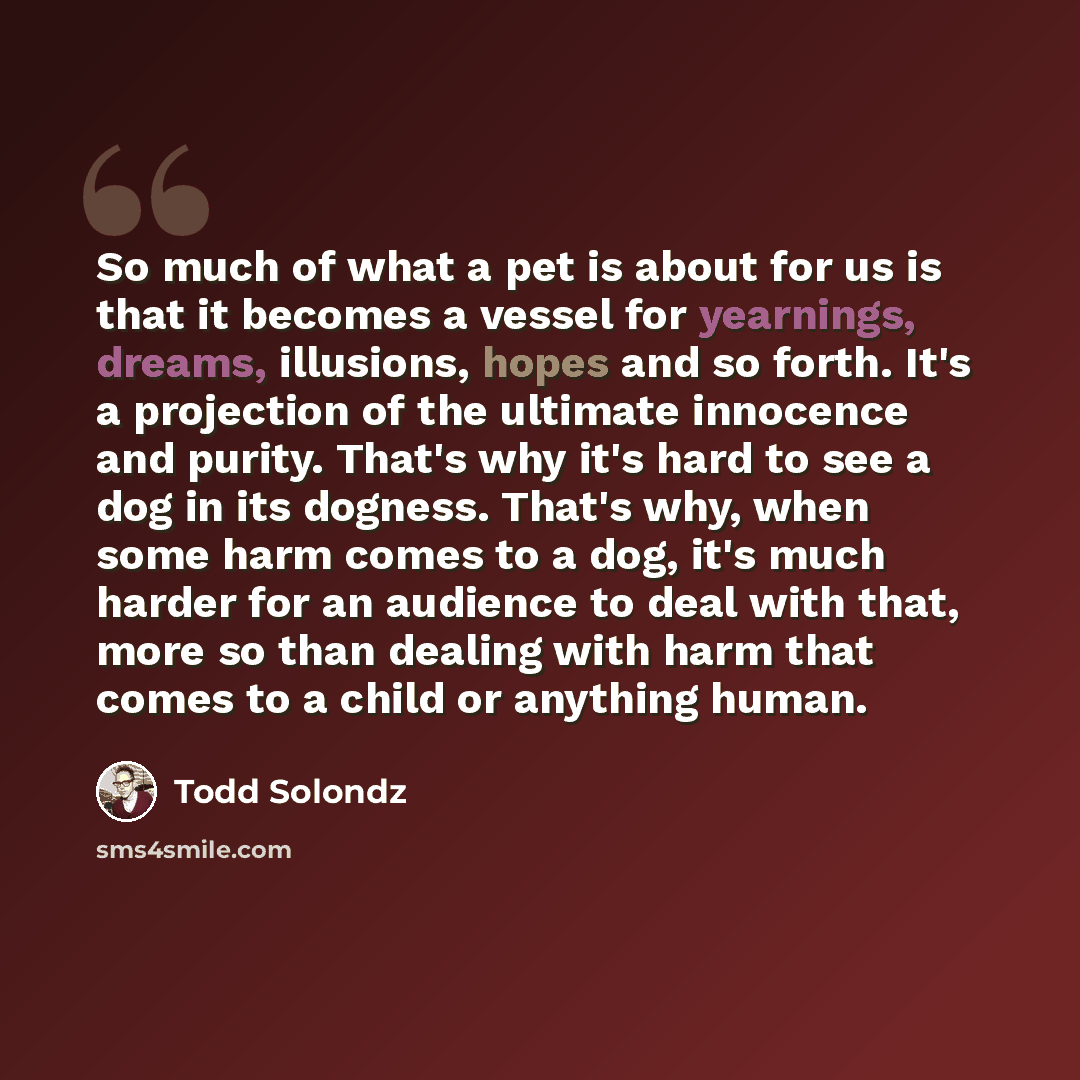 “So much of what a pet is about for us is that it becomes a vessel for yearnings, dreams, illusions, hopes and so forth. It's a projection of the ultimate innocence and purity. That's why it's hard to see a dog in its dogness. That's why, when some harm comes to a dog, it's much harder for an…” quote by Todd Solondz