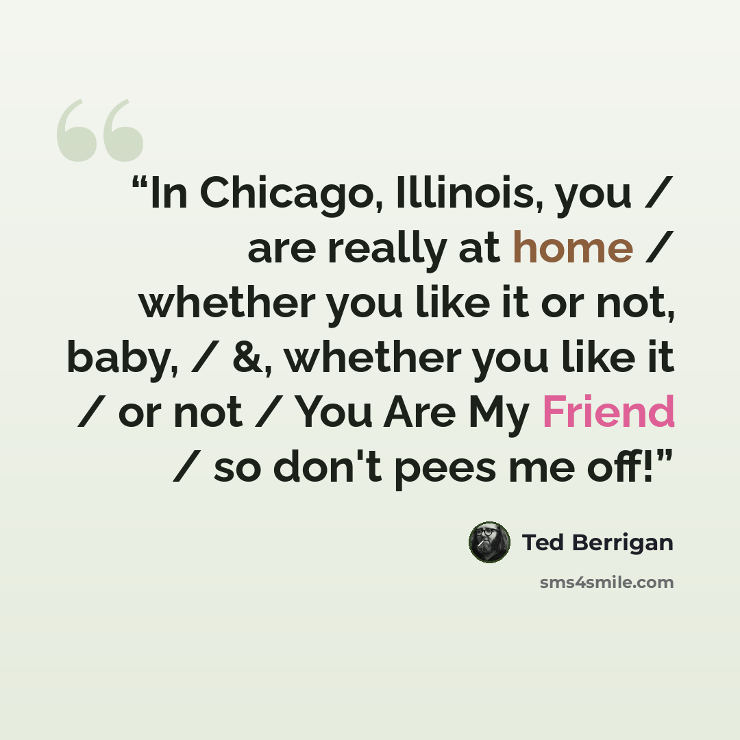 “In Chicago, Illinois, you / are really at home / whether you like it or not, baby, / &, whether you like it / or not / You Are My Friend / so don't pees me off!” quote by Ted Berrigan