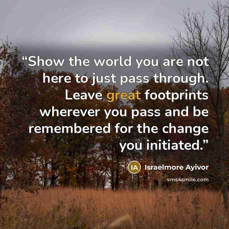 “Show the world you are not here to just pass through. Leave great footprints wherever you pass and be remembered for the change you initiated.” quote by Israelmore Ayivor