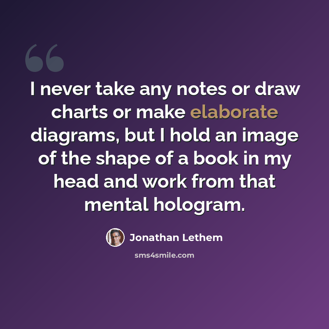 “I never take any notes or draw charts or make elaborate diagrams, but I hold an image of the shape of a book in my head and work from that mental hologram.” quote by Jonathan Lethem