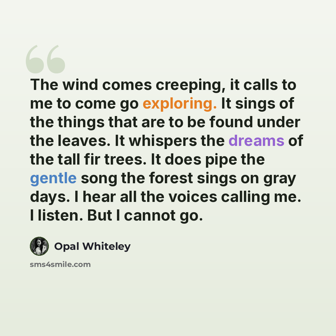 “The wind comes creeping, it calls to me to come go exploring. It sings of the things that are to be found under the leaves. It whispers the dreams of the tall fir trees. It does pipe the gentle song the forest sings on gray days. I hear all the voices calling me. I listen. But I cannot go.” quote by Opal Whiteley