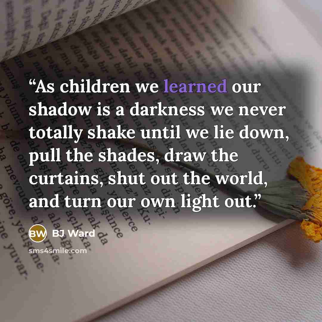 “As children we learned our shadow is a darkness we never totally shake until we lie down, pull the shades, draw the curtains, shut out the world, and turn our own light out.” quote by BJ Ward