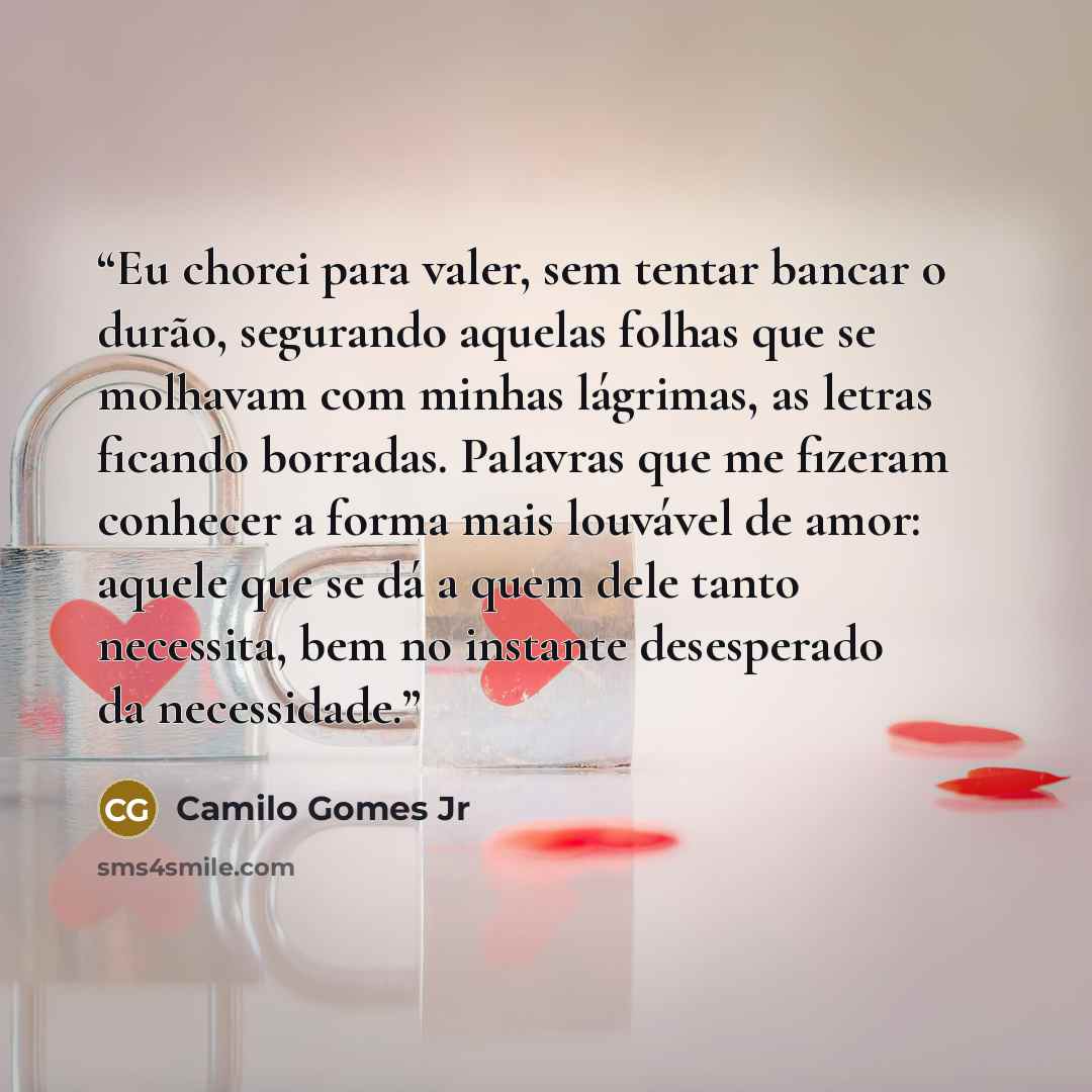 “Eu chorei para valer, sem tentar bancar o durão, segurando aquelas folhas que se molhavam com minhas lágrimas, as letras ficando borradas. Palavras que me fizeram conhecer a forma mais louvável de amor: aquele que se dá a quem dele tanto necessita, bem no instante desesperado da necessidade.” quote by Camilo Gomes Jr