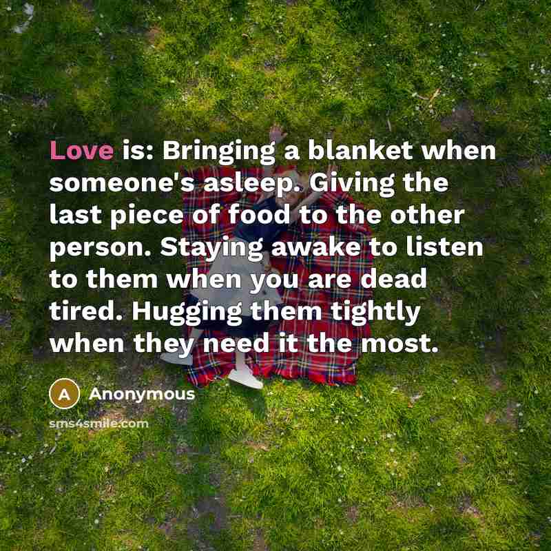 “Love is: Bringing a blanket when someone's asleep. Giving the last piece of food to the other person. Staying awake to listen to them when you are dead tired. Hugging them tightly when they need it the most.” quote by Anonymous