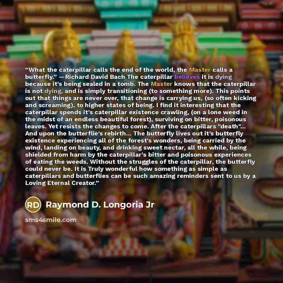 “What the caterpillar calls the end of the world, the Master calls a butterfly.” —Richard David Bach The caterpillar believes it is dying because it's being sealed in a tomb. The Master knows that the caterpillar is not dying, and is simply transitioning (to something more). This points out that…” quote by Raymond D. Longoria Jr