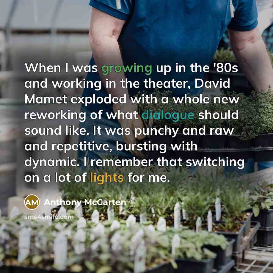 “When I was growing up in the '80s and working in the theater, David Mamet exploded with a whole new reworking of what dialogue should sound like. It was punchy and raw and repetitive, bursting with dynamic. I remember that switching on a lot of lights for me.” quote by Anthony McCarten