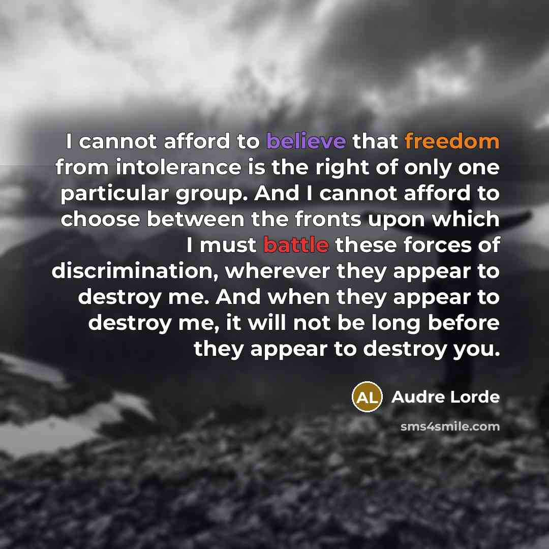 “I cannot afford to believe that freedom from intolerance is the right of only one particular group. And I cannot afford to choose between the fronts upon which I must battle these forces of discrimination, wherever they appear to destroy me. And when they appear to destroy me, it will not be long…” quote by Audre Lorde