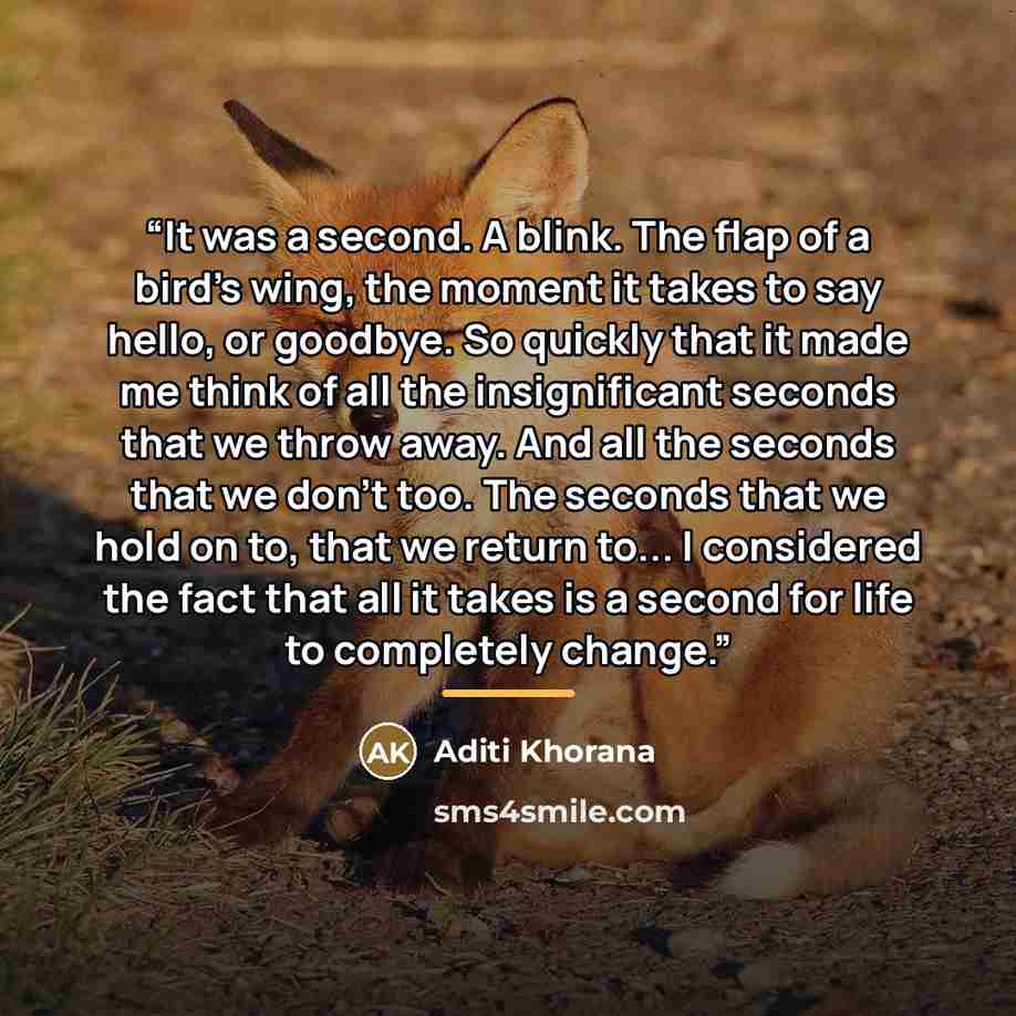 “It was a second. A blink. The flap of a bird's wing, the moment it takes to say hello, or goodbye. So quickly that it made me think of all the insignificant seconds that we throw away. And all the seconds that we don't too. The seconds that we hold on to, that we return to... I considered the fact…” quote by Aditi Khorana