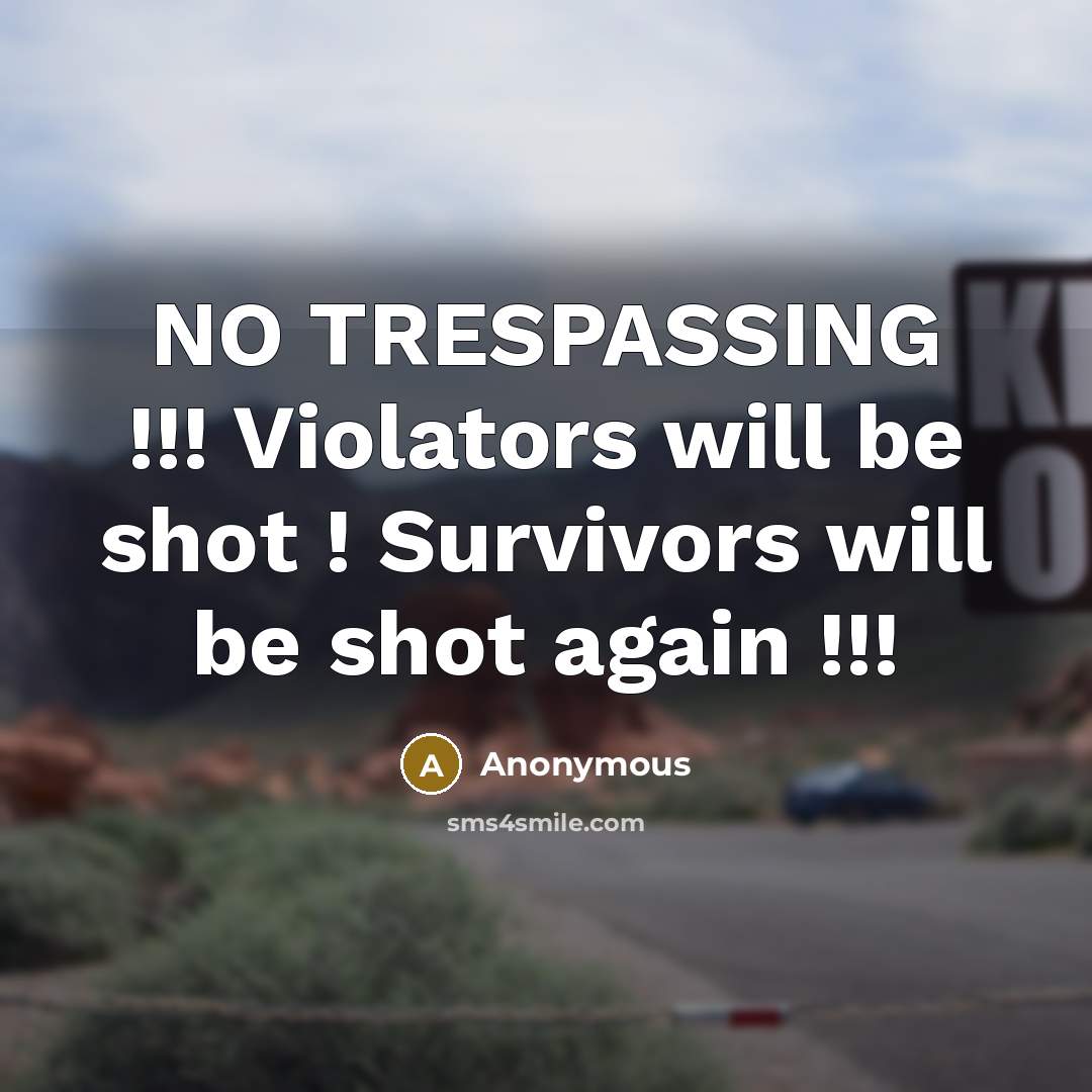 “NO TRESPASSING !!! Violators will be shot ! Survivors will be shot again !!!” quote by Anonymous