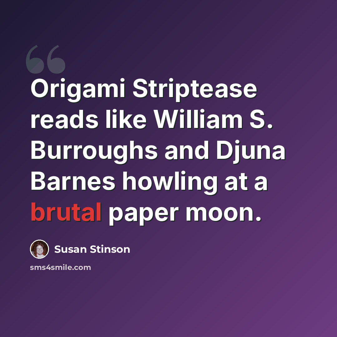 “Origami Striptease reads like William S. Burroughs and Djuna Barnes howling at a brutal paper moon.” quote by Susan Stinson