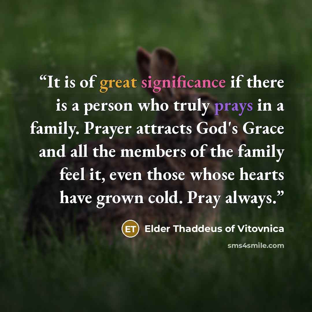 “It is of great significance if there is a person who truly prays in a family. Prayer attracts God's Grace and all the members of the family feel it, even those whose hearts have grown cold. Pray always.” quote by Elder Thaddeus of Vitovnica
