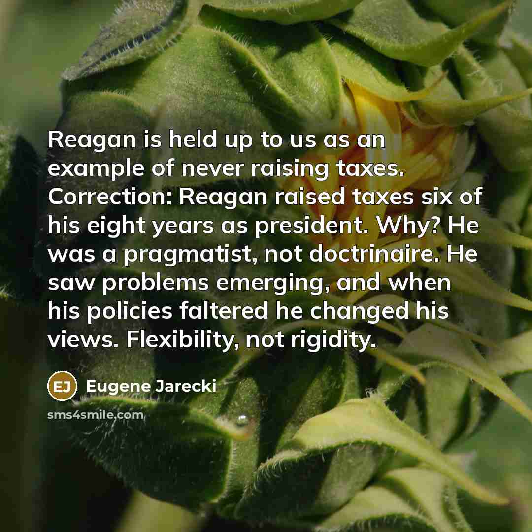 “Reagan is held up to us as an example of never raising taxes. Correction: Reagan raised taxes six of his eight years as president. Why? He was a pragmatist, not doctrinaire. He saw problems emerging, and when his policies faltered he changed his views. Flexibility, not rigidity.” quote by Eugene Jarecki