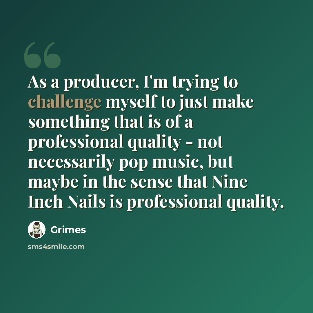 “As a producer, I'm trying to challenge myself to just make something that is of a professional quality - not necessarily pop music, but maybe in the sense that Nine Inch Nails is professional quality.” quote by Grimes