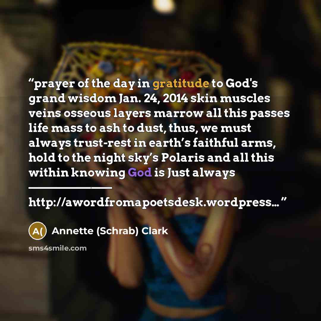 “prayer of the day in gratitude to God's grand wisdom Jan. 24, 2014 skin muscles veins osseous layers marrow all this passes life mass to ash to dust, thus, we must always trust-rest in earth’s faithful arms, hold to the night sky’s Polaris and all this within knowing God is Just always…” quote by Annette (Schrab) Clark
