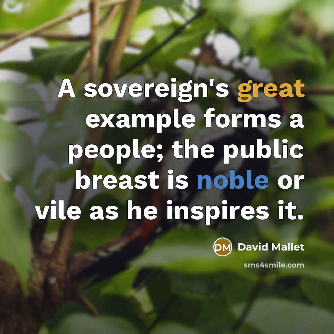 “A sovereign's great example forms a people; the public breast is noble or vile as he inspires it.” quote by David Mallet