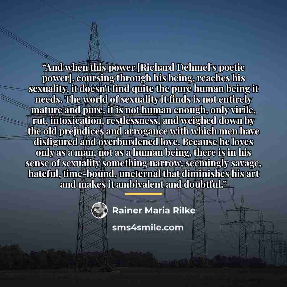 “And when this power [Richard Dehmel's poetic power], coursing through his being, reaches his sexuality, it doesn't find quite the pure human being it needs. The world of sexuality it finds is not entirely mature and pure, it is not human enough, only virile, rut, intoxication, restlessness, and…” quote by Rainer Maria Rilke