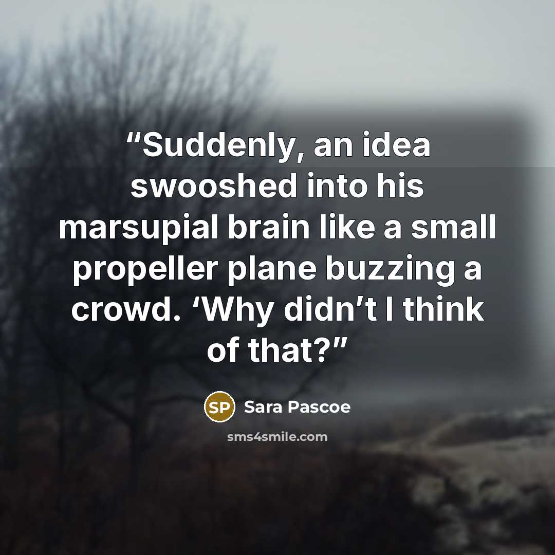 “Suddenly, an idea swooshed into his marsupial brain like a small propeller plane buzzing a crowd. ‘Why didn’t I think of that?” quote by Sara Pascoe