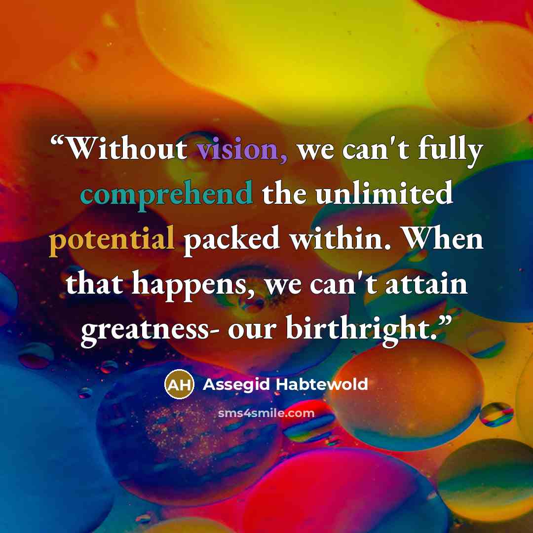 “Without vision, we can't fully comprehend the unlimited potential packed within. When that happens, we can't attain greatness- our birthright.” quote by Assegid Habtewold