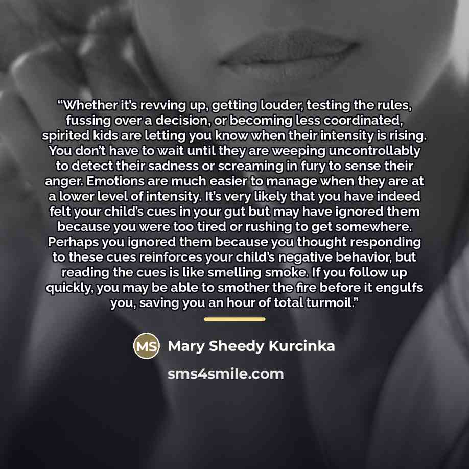 “Whether it’s revving up, getting louder, testing the rules, fussing over a decision, or becoming less coordinated, spirited kids are letting you know when their intensity is rising. You don’t have to wait until they are weeping uncontrollably to detect their sadness or screaming in fury to sense…” quote by Mary Sheedy Kurcinka
